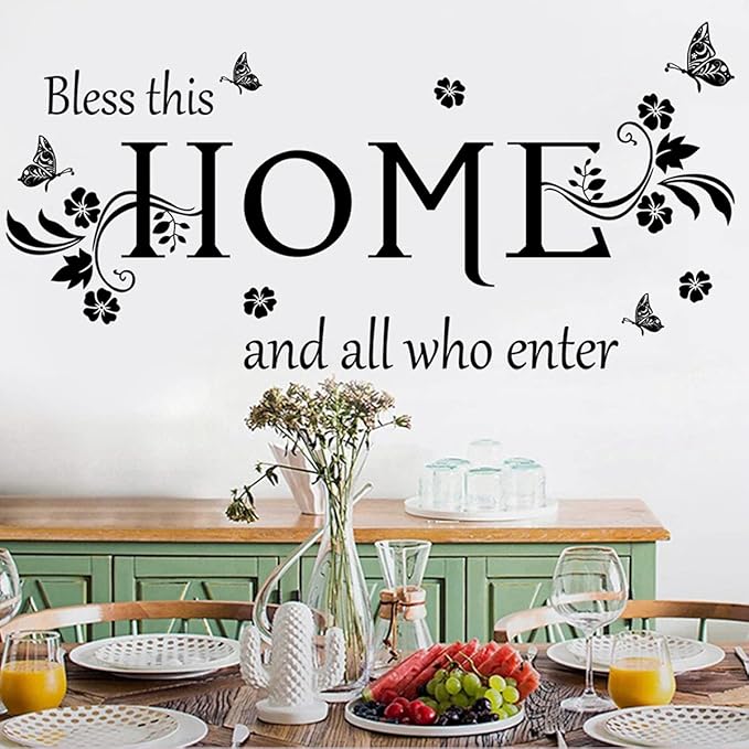 Black Vinyl Wall Sticker Wall Word Quotes Bless This Home and All who Enter Wall Decals Flowers Butterfly Wall Decor Sticker for Entryway Living Room Home Decor.