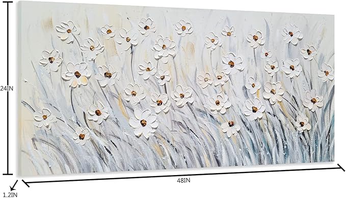 SYGALLERIER 3D White Floral Large Canvas Wall Art Hand Painted Textured Wall Art Modern Abstract Painting Aesthetic Pictures for Living Room Bedroom Bathroom Decoration