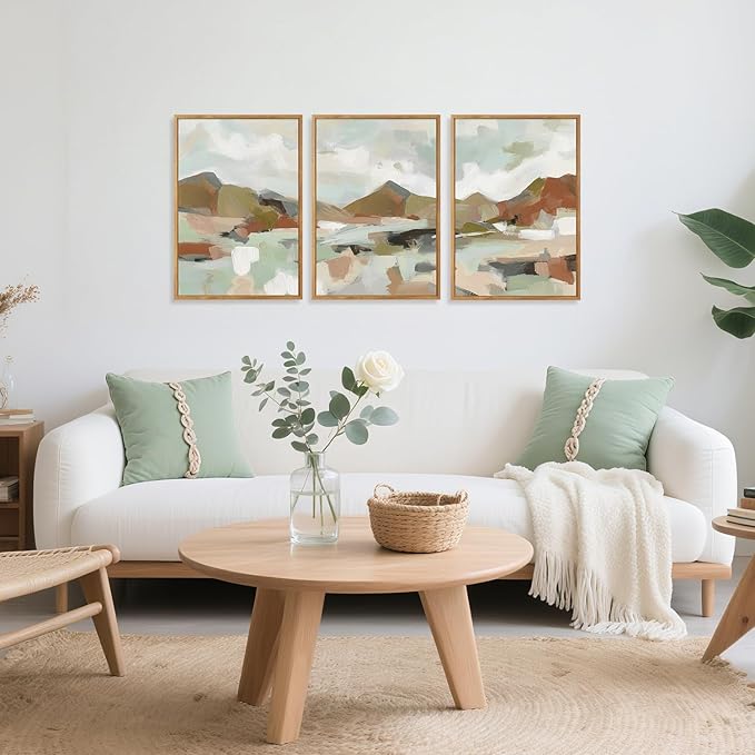 CHDITB Abstract Wall Art, Neutral Pastel Illustration Framed Canvas Poster, Modern Artwork For Walls, Minimalist Wall Art 3 Pieces, Mountain Painting For Living Room Bedroom Dining Room Decor 12X16