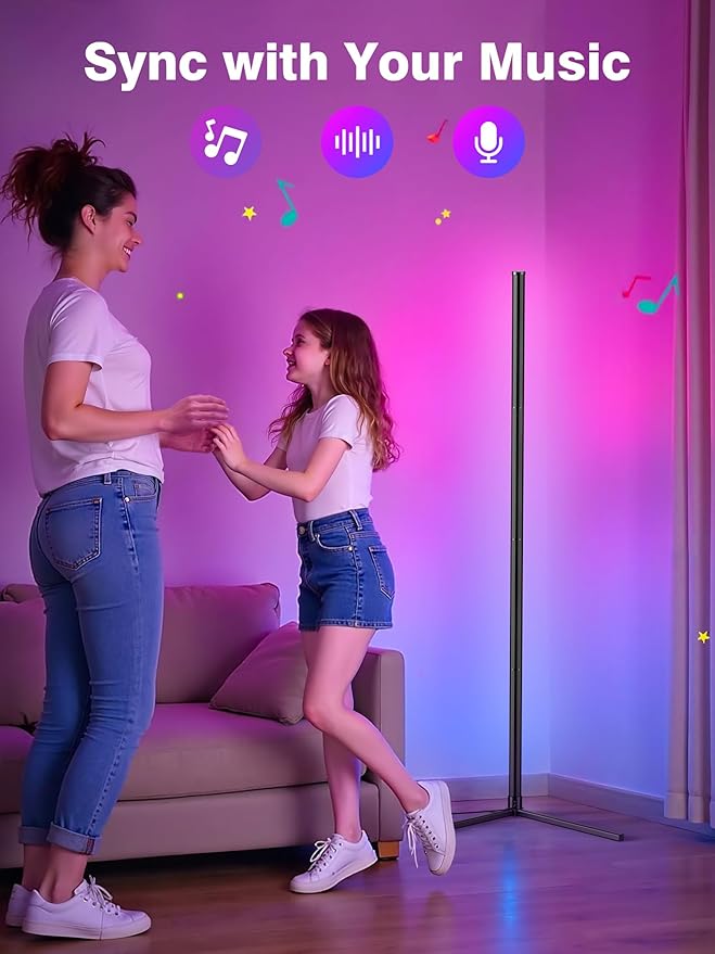 RIYO Corner Floor Lamp, Modern LED Corner Lamp with AC Adapter & APP & Remote Control, 16 Million Colors, 68+ Scene Modes, Music Sync, Ambient Lighting for Living Room, Bedroom, and Gaming Room