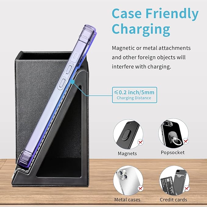 KINGFOM PU Leather Desk Organizer with Wireless Charging Station for iPhone, 10W Wireless Charger for iPhone 14/14 Pro/13/12/Samsung Galaxy S23/S22/S21/Note 20/Note 10(Black-S)