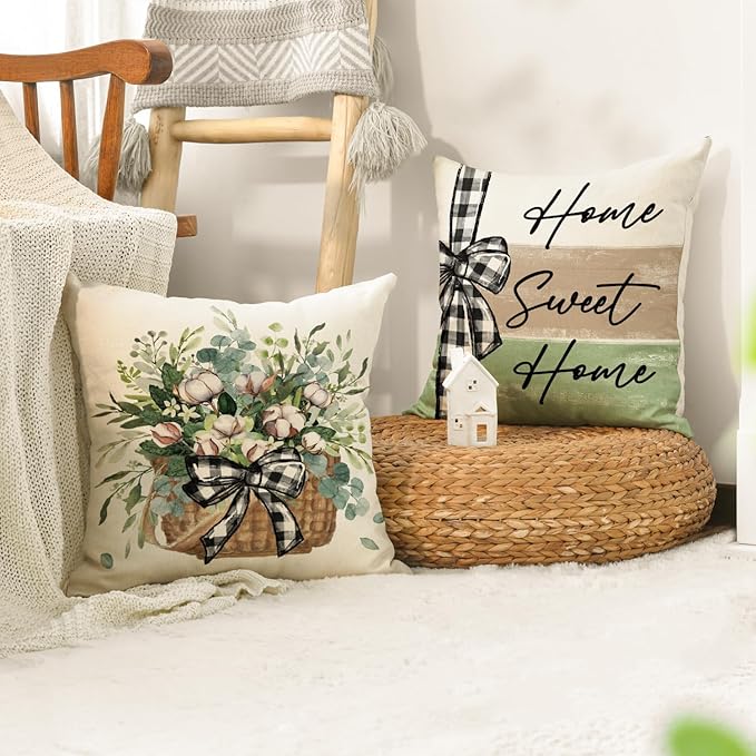 AVOIN colorlife Home Sweet Home Farmhouse Eucalyptus Leaves Throw Pillow Covers, 16 x 16 Inch Truck Stripes Buffalo Plaid Cushion Case Decorations Set of 4
