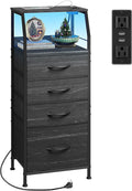 WLIVE Nightstand with Charging Station, Black Night Stand with LED Light, Tall 4 Drawer Dresser for Bedroom, 37" H Bedside Table with Fabric Storage Bins, Open Wood Shelf, Metal Frame