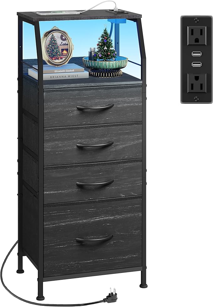 WLIVE Nightstand with Charging Station, Black Night Stand with LED Light, Tall 4 Drawer Dresser for Bedroom, 37" H Bedside Table with Fabric Storage Bins, Open Wood Shelf, Metal Frame