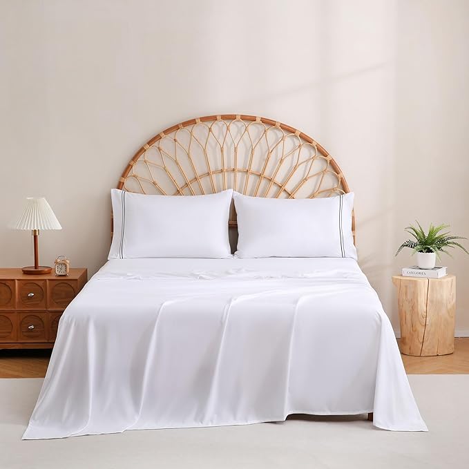 JSD White Queen Sheet Set with Side Pocket Corner Straps, 4 Piece Soft Microfiber Bed Sheets Extra Deep Pocket