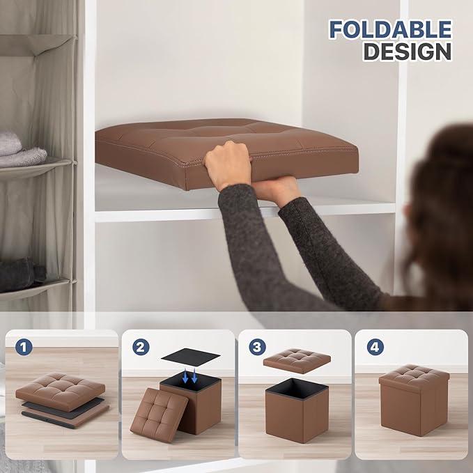 MoNiBloom Folding Storage Ottoman Cube, 15 Inches Small Ottoman with Storage, Footstool Rest Padded Seat for Living Room, Bedroom, Entryway, Hallway, Brown