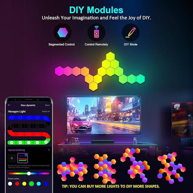 12-Pack Hexagon Light Panels – Smart RGB LED Wall Lights with App & Remote – Music Sync Gaming Lights for Room Decor, Birthday & Party Gifts for Boys, Teens, Men, Boyfriends, and Kids