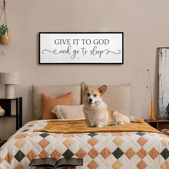 TQianJiang Christian Wall Decor Give It To God And Go To Sleep Sign Wall Decor 32"×12" Spiritual Quote Plaque for Master Bedroom Above Over Bed Rustic Religious Home Wood Framed Hanging Art (Black)