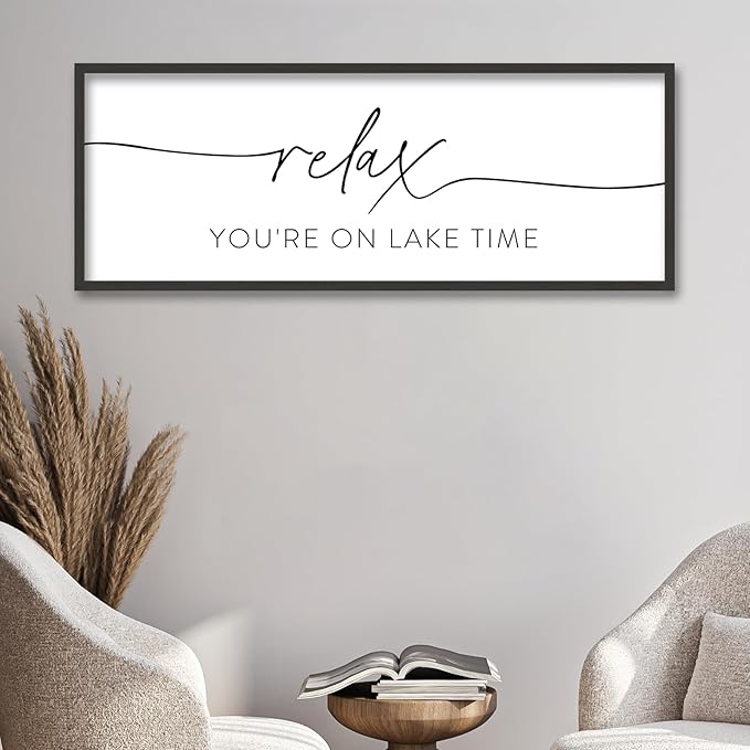 SRSZHIYUE Relax You're On Lake Time Wall Decor Above Bed Sign 40"×15" for Lake House Bedroom Over Bed Large Vintage Wood Framed Farmhouse Gift For Lake Lover Home Hanging Art (Black)