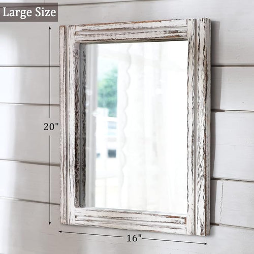 AAZZKANG Rustic Wall Mirror Rectangle Wood Framed Mirrors Large 20"x16" Decorative for Bedroom Bathroom Living Room Farmhouse Home Entryway Hanging White
