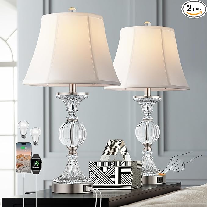 QiMH Glass Table Lamps for Living Room, Modern Table Lamp for Bedroom, Bedside Lamps Set of 2 with USB A+C Ports, 3-Way Dimmable Touch Lamp with Bulbs, Nightstand Lamp for Home Office Reading, Silver