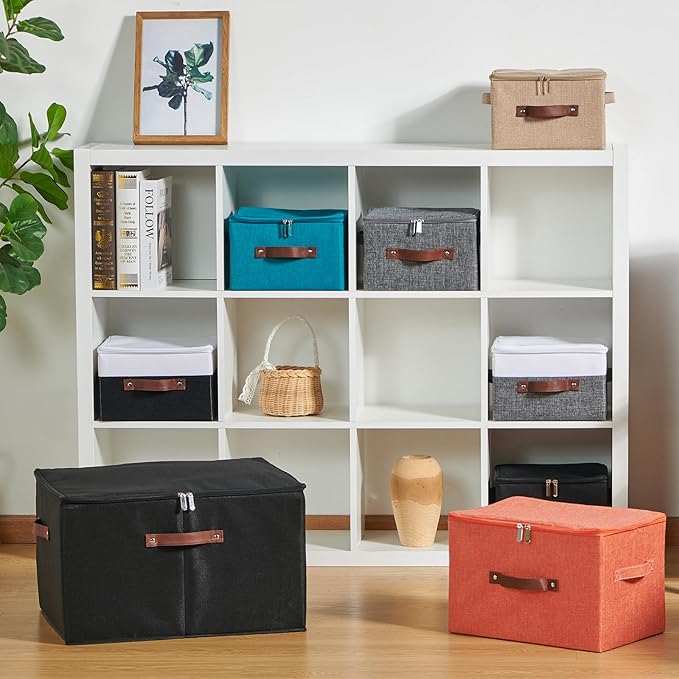 4 Pack Storage Bins with Zipper Lid Cotton Linen Fabric Lidded Storage Baskets Boxes Foldable Washable Closet Shelf Clothes Organizer Container with PU Leather Handles (Purple, Large)