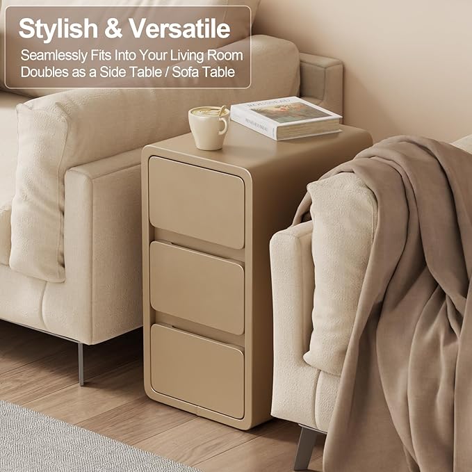 AQIMUELE Narrow Bedside Table,Narrow Night Stand with Drawers,Small Night Stand with Leather Surface for Bedroom
