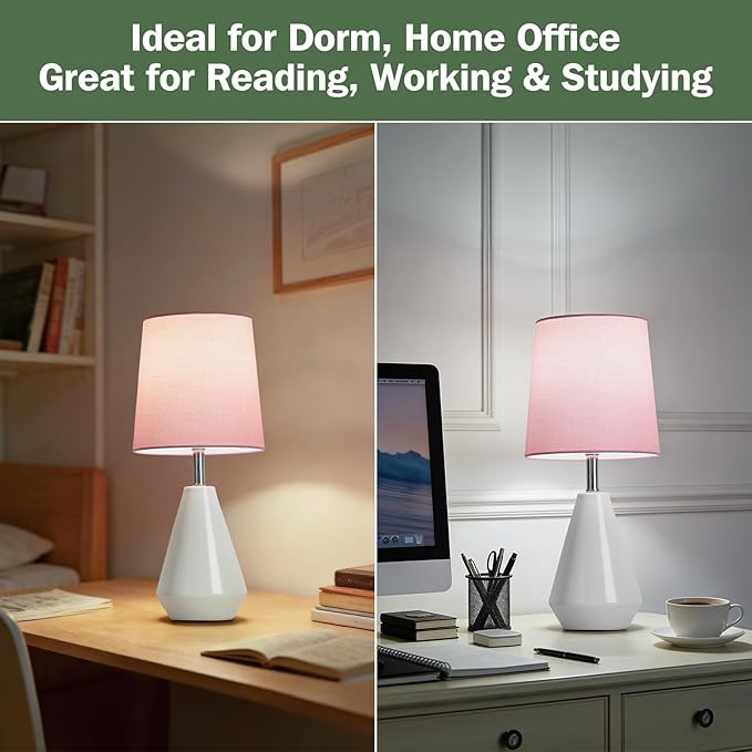 Small Bedside Table Lamp for Bedroom-Reading Desk Lamp Set of 2,with 3 Color Temperatures,15.5" Nightstand Ceramic Lamp with Fabric Shade for Kids Room,Living Room,Dorm,Home Office