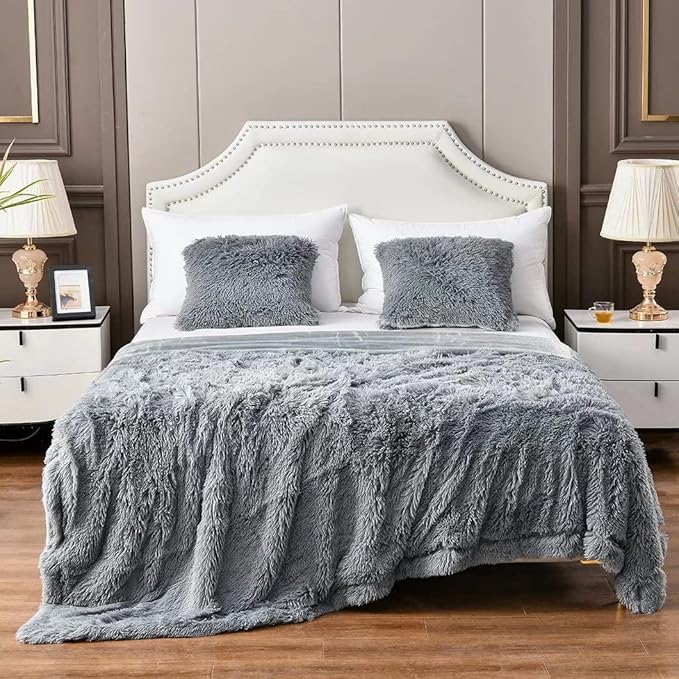 YUSOKI Grey King Faux Fur Blanket,2 Layers,90"x104",Without Pillows Big Soft Plush Fuzzy Large Warm Fluffy Gray Blanket for Bed