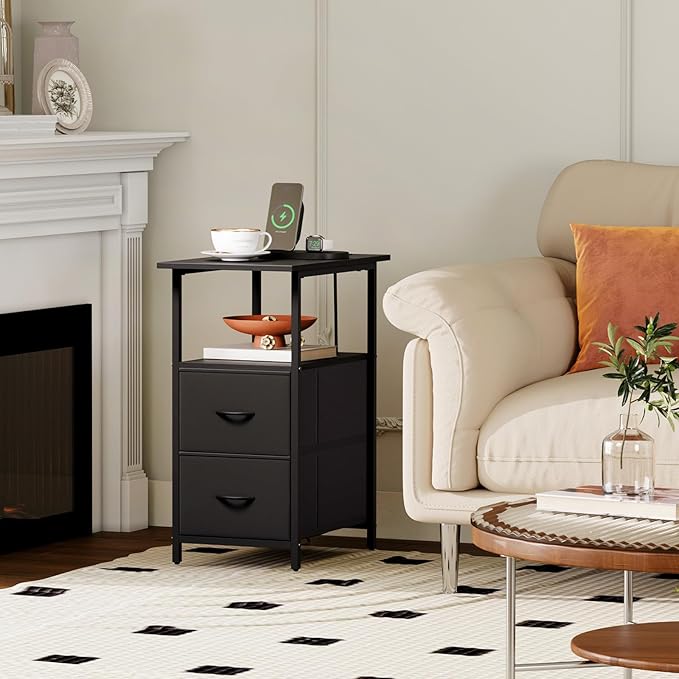 Somdot End Table with Charging Station,Narrow Side Table with 2 Fabric Drawers,Skinny Nightstand with Storage,Small Slim Bedside Table for Living Room,Sofa,Bedroom,Couch,Black