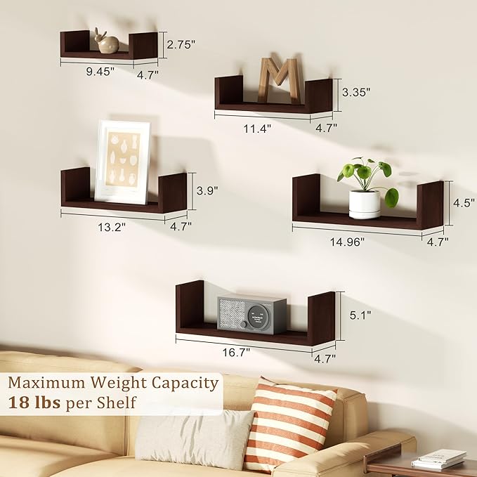 SRIWATANA Floating Shelves for Wall, Wall Shelves for Bathroom, Bedroom, Living Room, Kitchen, Office, Wood Shelves for Home Decor Set of 5 (Dark Walnut)