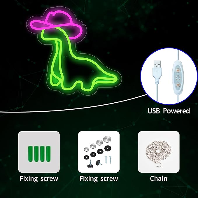 Dinosaur Neon Sign, Cowgirl Dinosaur Led Signs for Wall Decor, Dimmable Neon Light Sign for Girls Room, Bedroom, Game Room, Kids Room, Bar Decoration, USB Powered Light Up Neon Signs