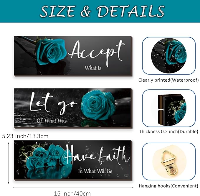 ZINYAZHE 3 Pcs Teal Wall Decor Inspirational Teal Bathroom Decor Wooden Rose Art Turquoise Office Decoration With Accept Let Go Have Faith Quotes For Women Bedroom Living Room(16 X 5 Inch)