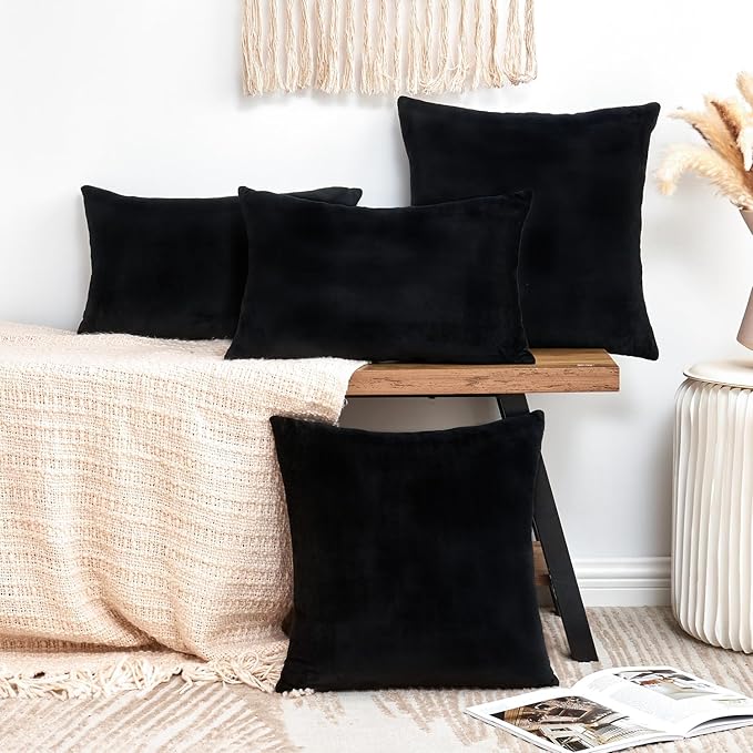 Throw Pillow Covers Decorative Velvet Set of 2 16x16 Inch Pillow Covers, Soft Black Pillowcases for Couch Sofa Bed Living Room, Farmhouse Home Boho Decor, Square Accent Cushion Covers