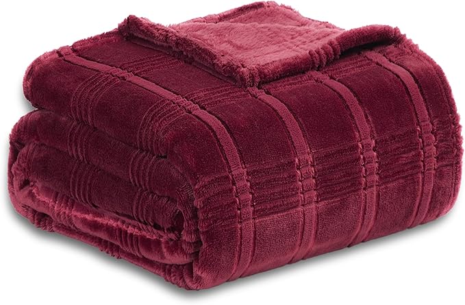 Soft Cozy Plaid Fleece Throw Blanket, 50x60 Inches – 3D Jacquard Diamond Design, Lightweight Blanket for Couch, Sofa, Camping & Travel, Burgandy Red