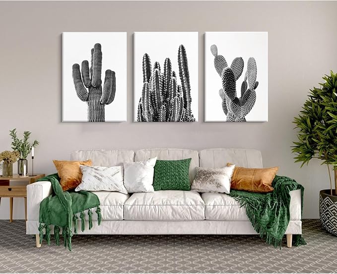 Black And White Cactus Canvas Wall Art Saguaro Cactus Pictures Wall Decor Black And White Artwork Painting Mexican Succulent Poster Prints for Living Room Bedroom Decor 12x16x3 Inch Ready to Hang