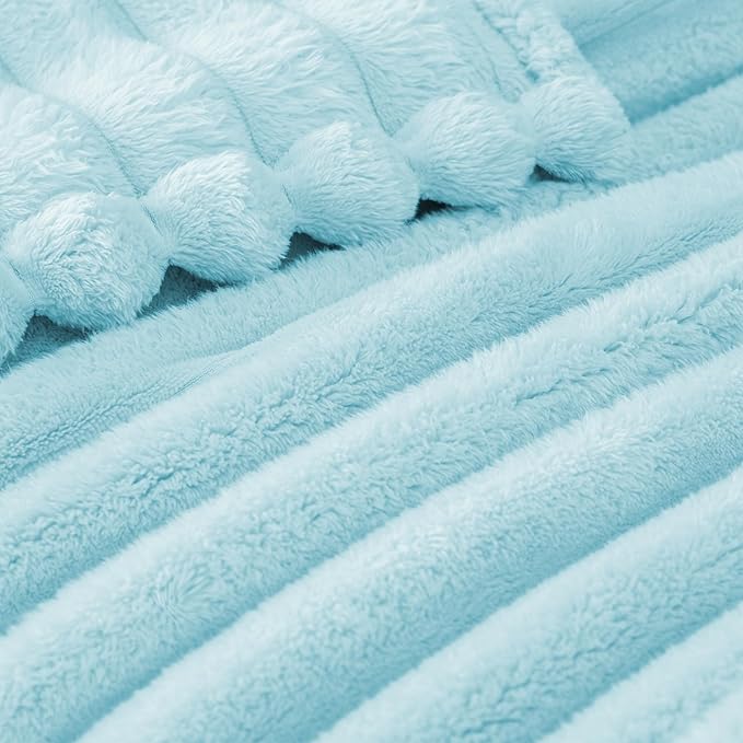Exclusivo Mezcla Twin Size Flannel Fleece Blanket, Super Soft Striped Jacquard Bed Blanket, Lightweight Fuzzy Cozy for All Seasons, 60x80 Inches, Light Blue