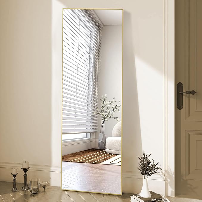 OLIXIS Full Length Mirror for Bedroom, 56"x15" Full Body Mirror with Stand, Hanging or Leaning for Wall, Aluminum Alloy Thin Frame Floor Standing for Living Room, Long, Gold