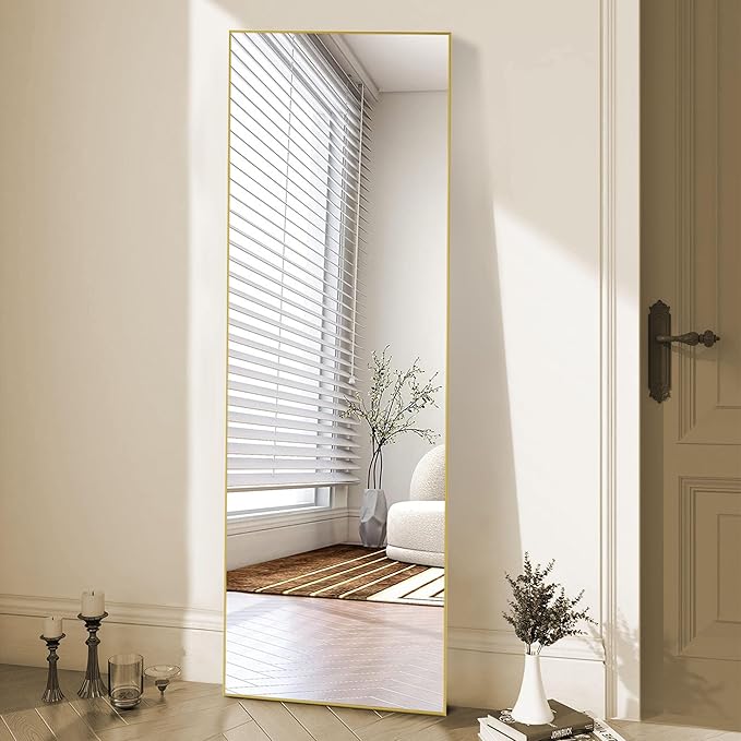 OLIXIS Full Length Mirror for Bedroom, 56"x21" Full Body Mirror with Stand, Hanging or Leaning for Wall, Aluminum Alloy Thin Frame Floor Standing for Living Room, Long, Gold