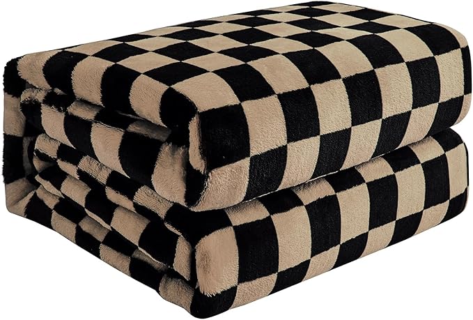 FY FIBER HOUSE Checkered Flannel Fleece Throw Blanket Queen Size Soft Cozy Checkerboard Grid Print Chessboard Gingham Pattern Blankets for Bed Couch Sofa, 90"x90", Black Brown