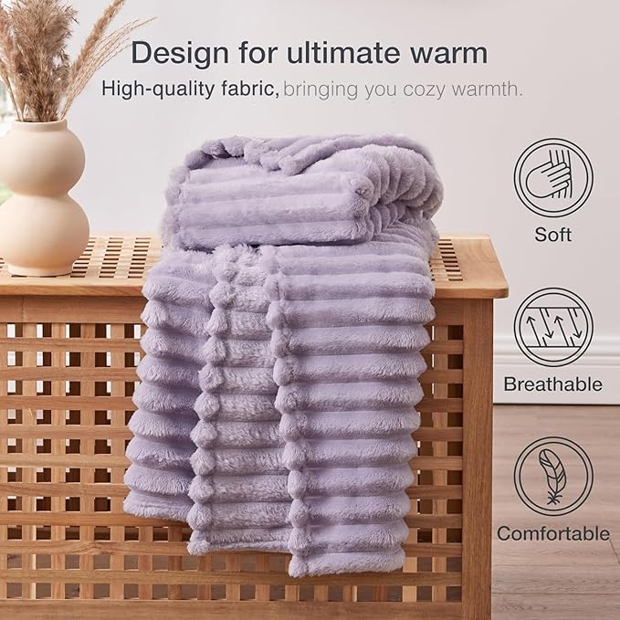 EXQ Home Fleece Blanket Twin Size for Couch or Bed - 3D Stripe Jacquard Decorative Blankets - Cozy Soft Lightweight Fuzzy Flannel Blanket Suitable for All Seasons(60"×80",Light Purple)