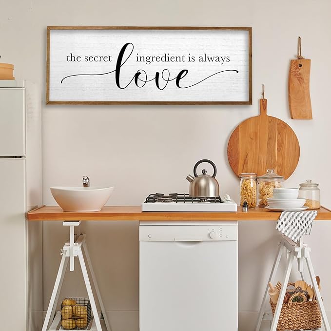 TQianJiang Kitchen Wall Decor The Secret Ingredient Is Always Love Sign 40"×15" Heartwarming Quote for Dining Room Mother's Day Large Farmhouse Rustic Wood Framed Wall Plaque Hanging Art (Wood)
