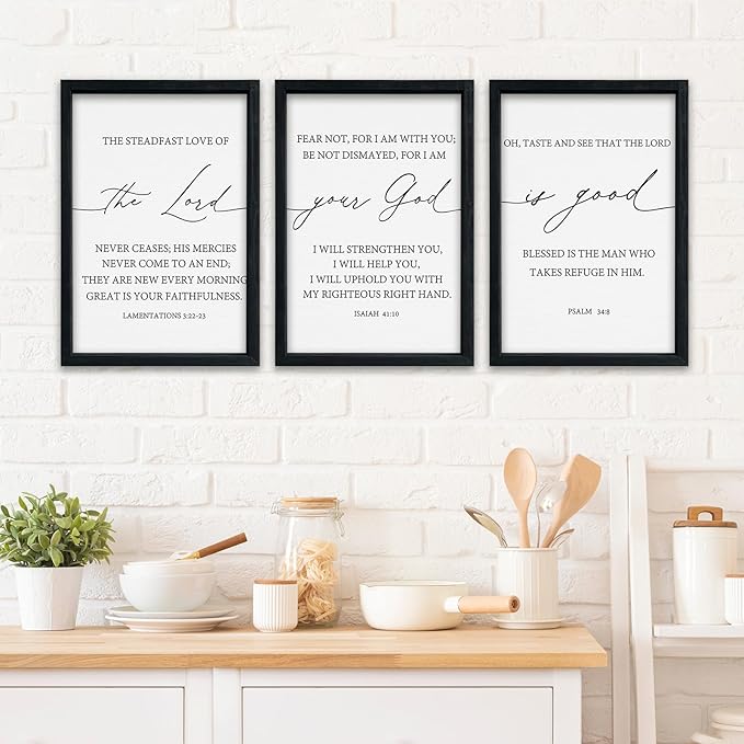 Bible Verses Christian Wall Decor Art The Lord Your God Is Good 16"x11" Set of 3 Scripture Bedroom Above Bed Sign Religious Rustic Home Office Living Room Wall Hanging (Black)