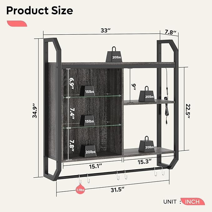 Bestier Gaming Floating Shelves, 34" LED Wall Mounted Shelf with Adjustable Glass Shelf, Pipe Shelves Hanging Display Rack Bookshelf with 6 S-Hook, Gaming Room Decor Wine Coffee Bar Black