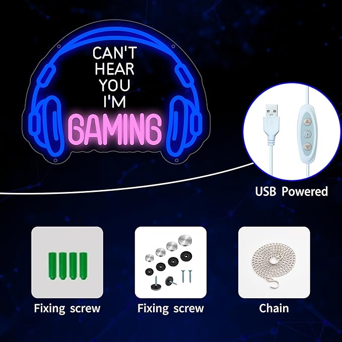 Gaming Neon Sign, Headset Gamer Led Signs for Wall Decor, Dimmable Neon Light Sign for Bedroom, Game Room, Kids Room, Bar Decoration, USB Powered Light Up Neon Signs for Party Decor