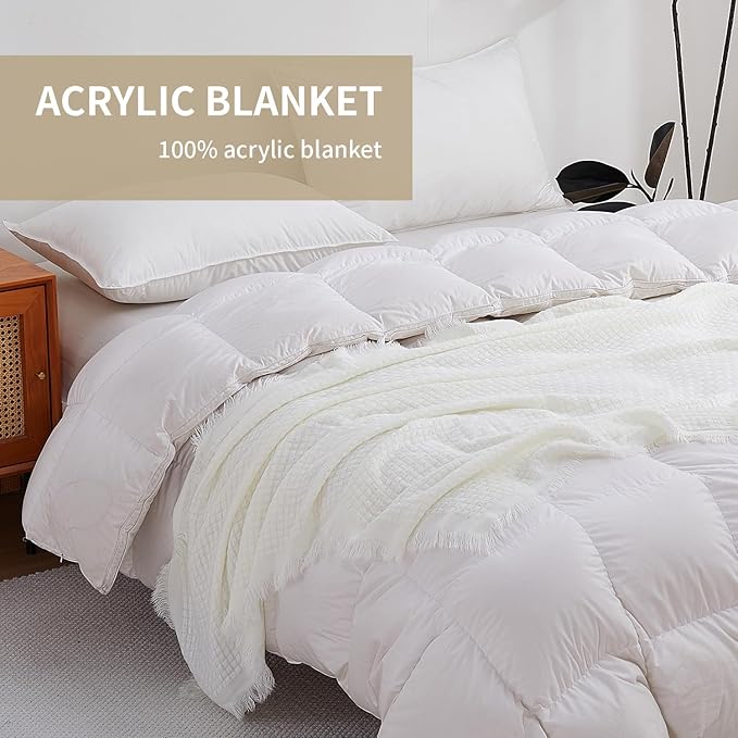 100% Acrylic Decorative Knitted Throw Blanket with Fringes for Bed, Couch, Chairs, Small, Lightweight, Soft, Cozy, Waffle Textured Blanket, Suitable for Spring, Summer, Ivory, 50"x60"