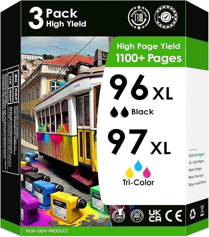Compatible Replacement for 96xl and 97xl. Works with Officejet 7310 7210 Deskjet 9800 6988 6980 PhotoSmart 8050 Printers. 3 Pack (2 Black, 1 Color)