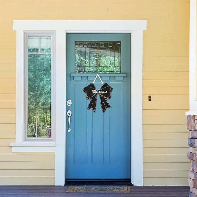 Black Bow Decor Hanging Sign Cute Coquette Bow Decoration Double-sidedWooden Bowknot Welcome Door Sign for Preppy Room Wall Home Bedroom Fall Halloween Indoor Outdoor Porch
