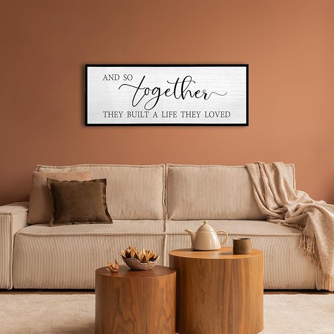 And So Together They Built A Life They Loved Wall Decor 32”X12” Rustic Master Bedroom Large Wood Framed Sign Above Bed Modern Farmhouse Quotes Couple Wall Art Over Bed Hanging Decoration (Black)