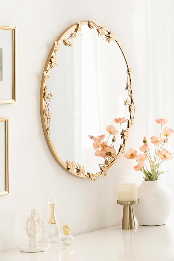 Kate and Laurel Rosella Modern Ornate Round Wall Mirror, 26 Inch Diameter, Gold, Circle Mirror with Floral Detailing for Use as Bathroom Mirror for Over Sink or Cute Dorm Room Decor