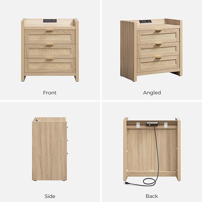SICOTAS Rattan Nightstands Set of 2 Bedside Table - Larger Night Stand with Type-C Charging Station, 3 Drawers Storage, Boho Night Stands End Table for Bedroom Office - Light Oak