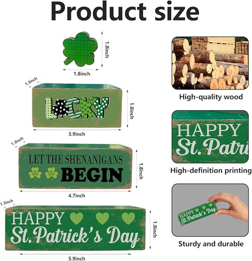 4 Pcs St. Patrick's Day Table Decoration Wooden Lucky Shamrocks Block Signs Happy St. Patrick's Day Table Centerpiece Irish Tiered Tray Decor for Desktop Shelf Mantel Farmhouse Home Decor