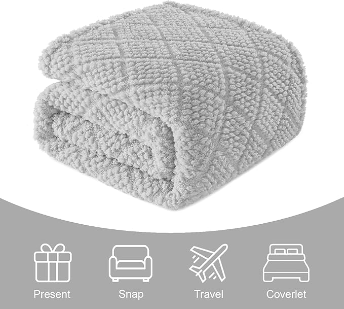 Whale Flotilla Fuzzy Fleece Twin Size Blanket for Bed, Soft Fluffy Jacquard Waffle Blankets for All Season, Lightweight and Warm, 60x80 Inch, Light Grey