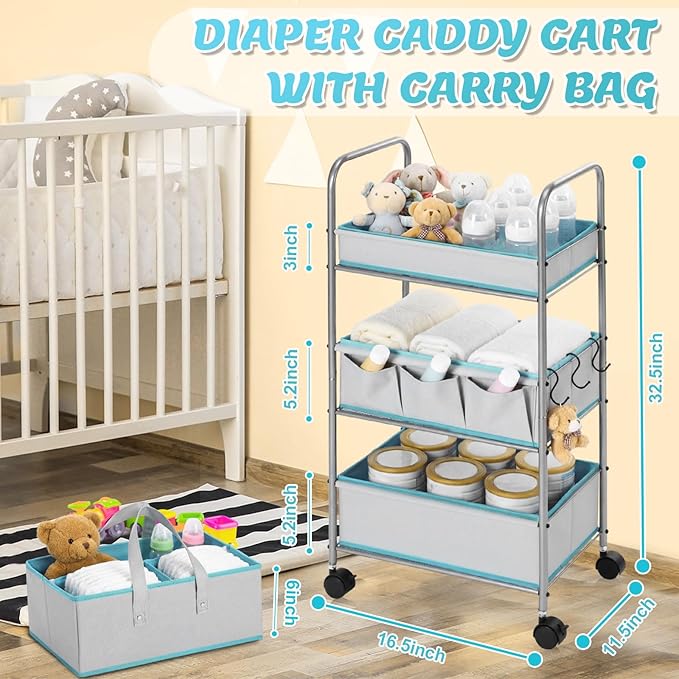 2in1 Colorful Baby Diaper Caddy Organizer Cart 3 Tier Large Capacity Metal Utility Bedside Rolling Cart with Divider for Newborn Nursery Essential Must Have Crib Bedroom Baby Shower (Blue)