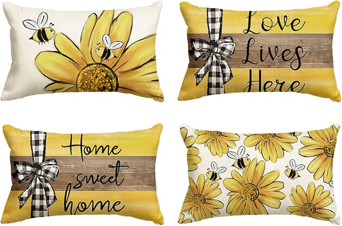 AVOIN colorlife Home Sweet Home Bee Sunflower Throw Pillow Covers, 12 x 20 Inch Love Lives Here Spring Summer Stripes Cushion Case for Sofa Couch Set of 4