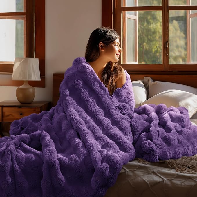BEDELITE Faux Fur Throw Blanket, Soft Cozy Plush Purple Bubble Blanket for Couch Sofa Bedroom Living Room Decor - 870GSM Thick Warm Fuzzy Fluffy Faux Rabbit Fur Blanket for Women Gift, 50x60 Inches
