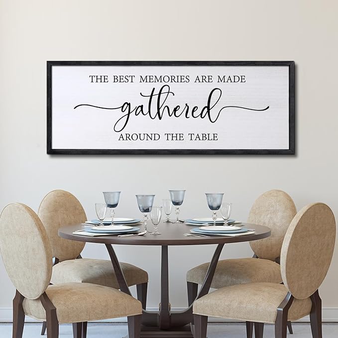 Foutcheou The Best Memories are Made Gathered Around The Table Wall Decor, 32''×12'' Framed Wood Farmhouse Kitchen Sign, Large Horizontal Dining Room Wall Art for Home Family, Black
