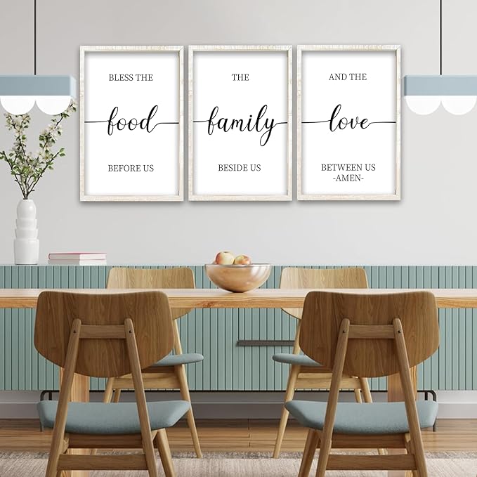 flowtorely Bless the Food Before Us Sign Wall Decor 16"×11" Set of 3 for Dining Room Kitchen Rustic Wood Framed Wall Hanging Art (White)