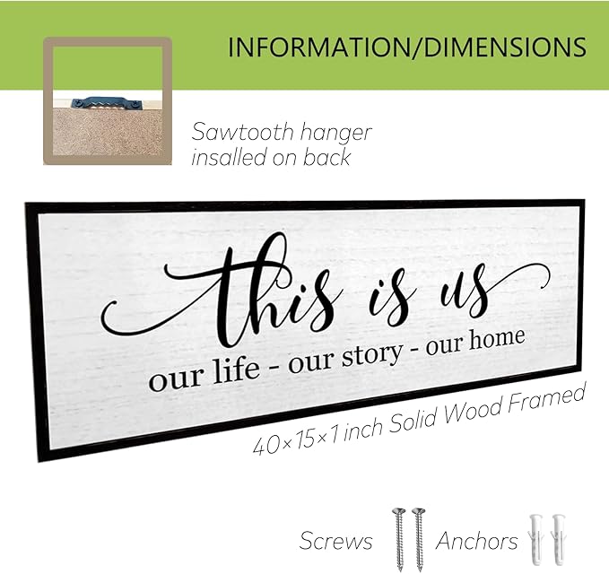 TQianJiang Simple Family Quote This Is Us Wall Decor 40"×15" Our Life Our Story Our Home Sign for Living Room Wall Art Entryway Farmhouse Large Rustic Wooden Framed House Plaque Hanging (Black)
