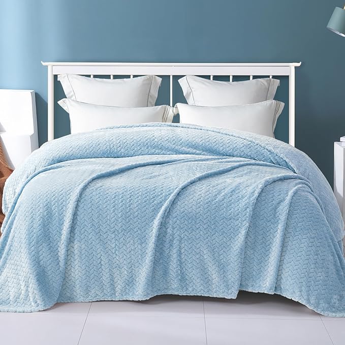 Exclusivo Mezcla Fleece Queen Size Blanket for Bed, 90x90 Inches Soft Cozy Jacquard Flannel Blankets, Lightweight Fuzzy Plush Warm for Women, Light Blue